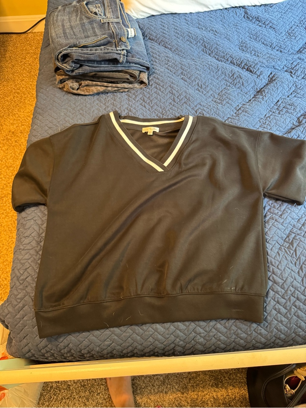nine britton Black V-Neck Short Sleeve Top with White Trim